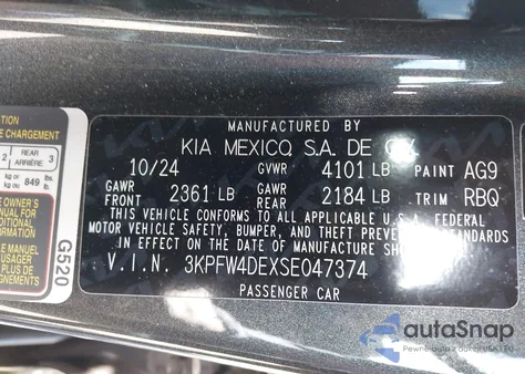 2025 Kia K4 Gt-Line z USA, uszkodzony, nr VIN 3KPFW4DEXSE047374